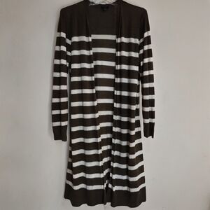 Talbots Olive Green & White Striped Open Front Cardigan Linen Sweater Size Mp